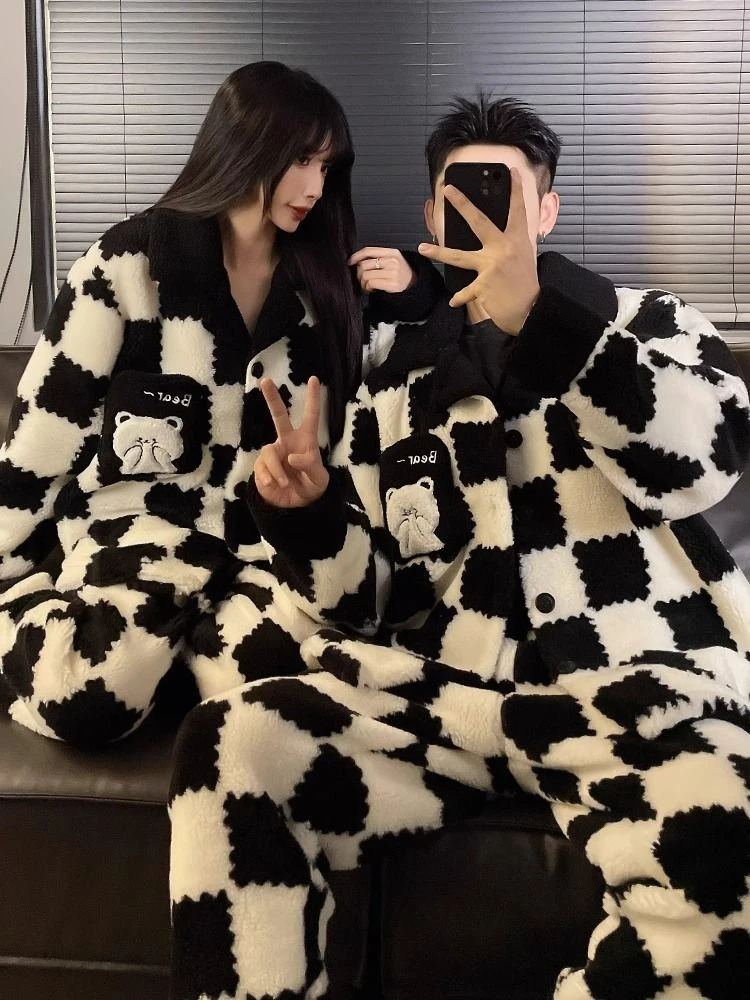 【珊瑚绒翻领 黑白格子熊】情侣冬季ins加绒加厚保暖睡衣套装家居服