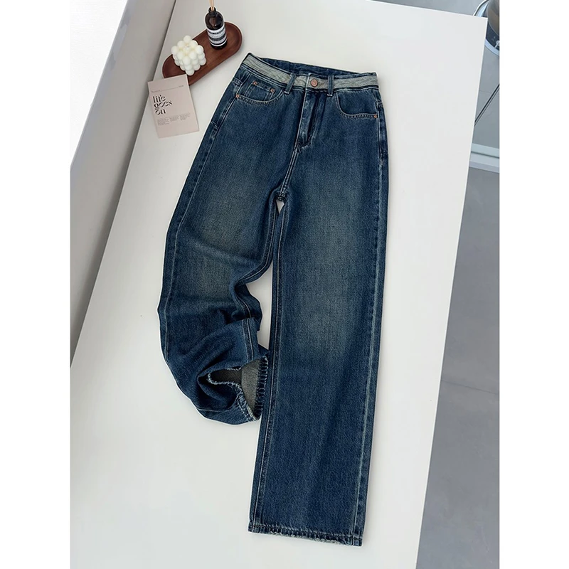 撞色拼接高腰直筒牛仔裤女大码2025春季宽松显瘦窄版阔腿裤#8735