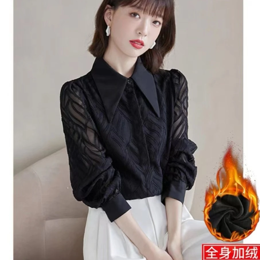 8921黑色Polo领衬衫女秋季2023秋装新款复古法式长袖秋款上衣
