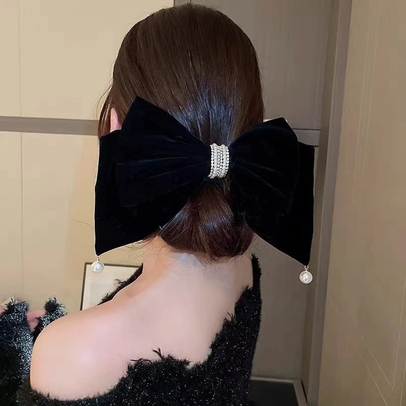 黑色丝绒超大蝴蝶结发夹女后脑勺顶夹发卡高级感气质头饰发饰