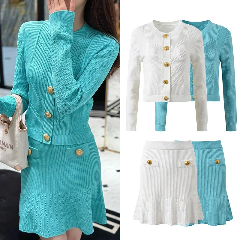 2024年秋季新款圆领金属扣气质通勤时尚修身显瘦针织上衣半裙套装