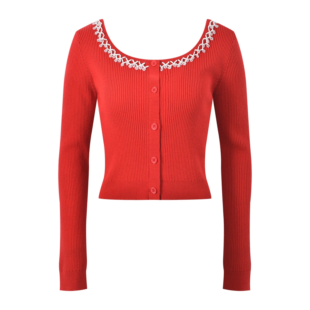 2024年秋冬新款设计感低领花边装饰时尚减龄修身显瘦短款针织开衫