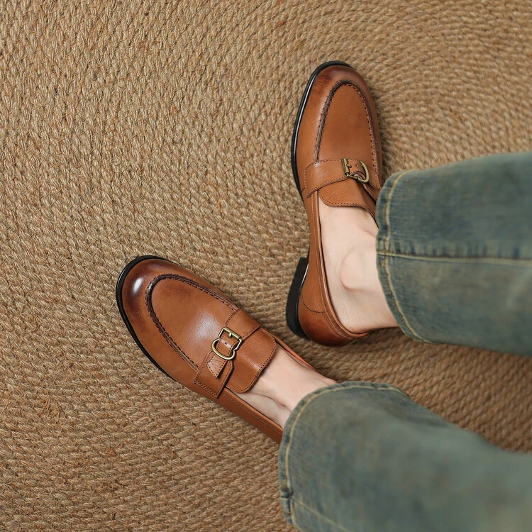 2.5cm跟高头层水洗牛皮/复古擦色乐福鞋女软底软面百搭深口小皮鞋