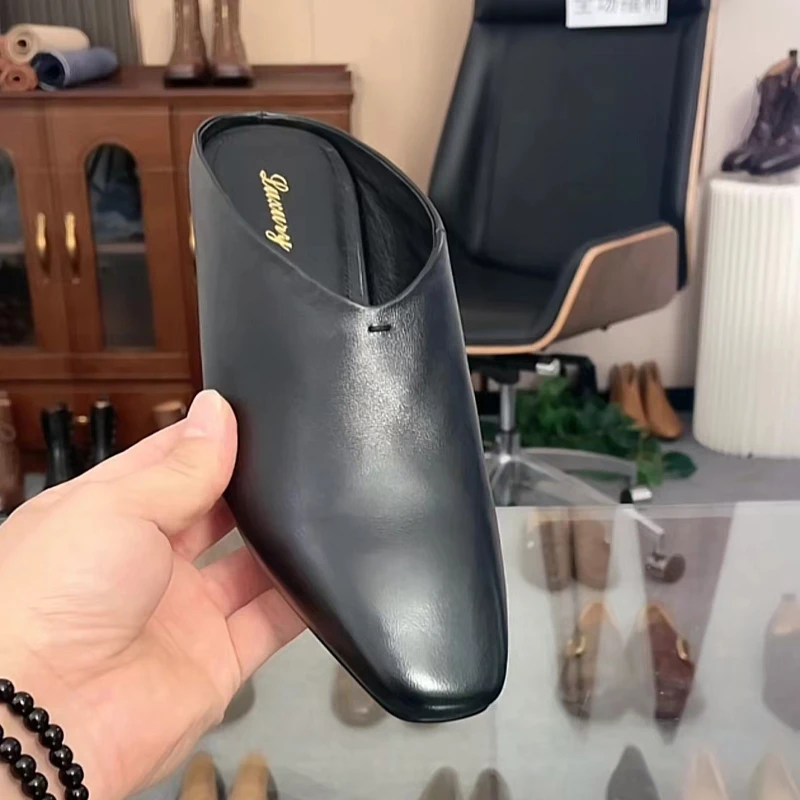 【3cm内增高】头层羊皮包头拖鞋女外穿穆勒鞋深口凉拖懒人鞋半拖鞋