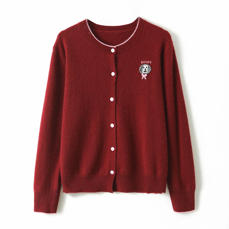 S·Y·C【卡通钩花】圆领减龄拼色手绣羊绒开衫外套女