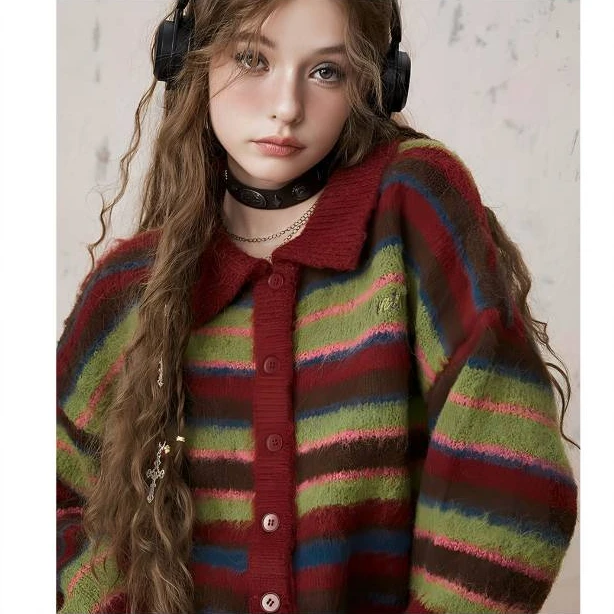 S·Y·C【美式学院风】100纯山羊绒条纹拼色加厚开衫外套女ZW25001