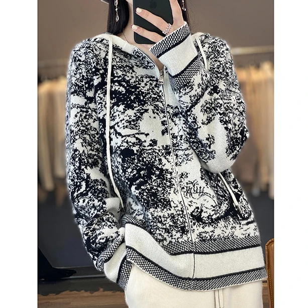 S·Y·C【迪*奥新品尝鲜】黑白配！重磅加厚宽松连帽开衫外套女 R22524