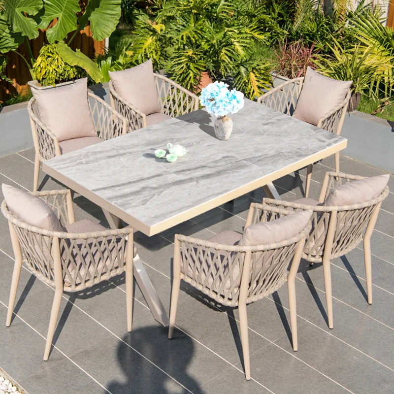 【藤朝品牌】户外庭院北欧岩板桌椅别墅酒店轻奢编绳椅家用休闲桌椅