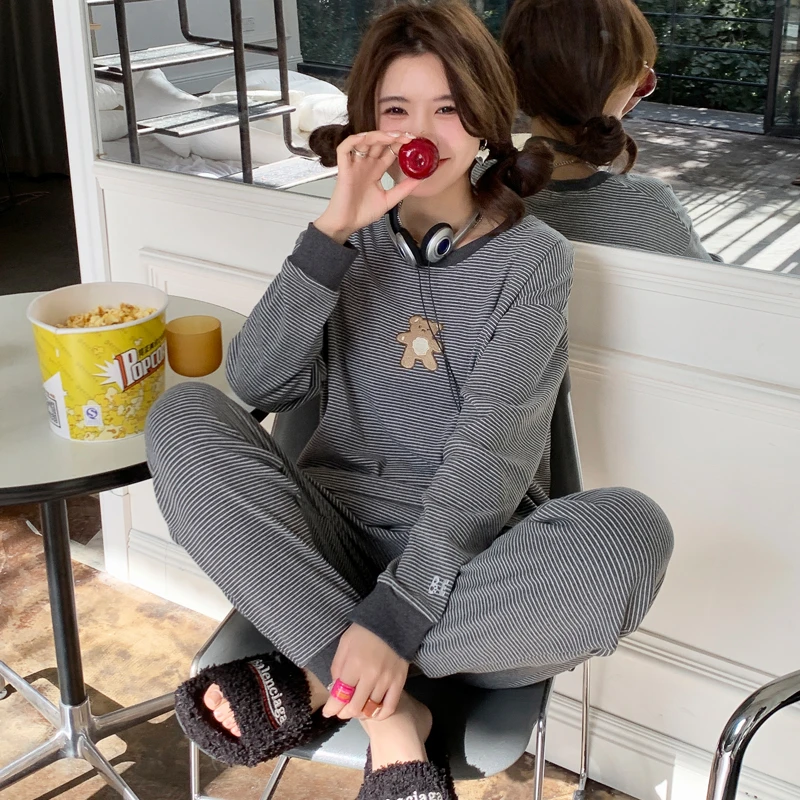 细条纹可爱卡通莱卡棉睡衣女春秋季圆领长袖长裤新款可外穿家居服