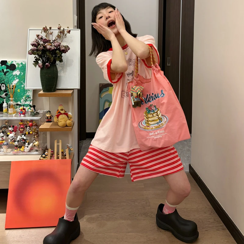 撞色体操小女孩短袖新款莱卡可爱睡衣套头条纹裤夏季可外穿家居服