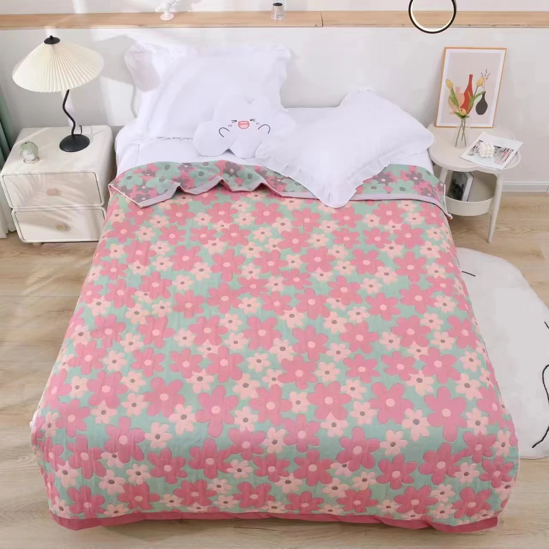 花朵粉  纱布多功能加厚盖毯柔软舒适透气1.5*2米