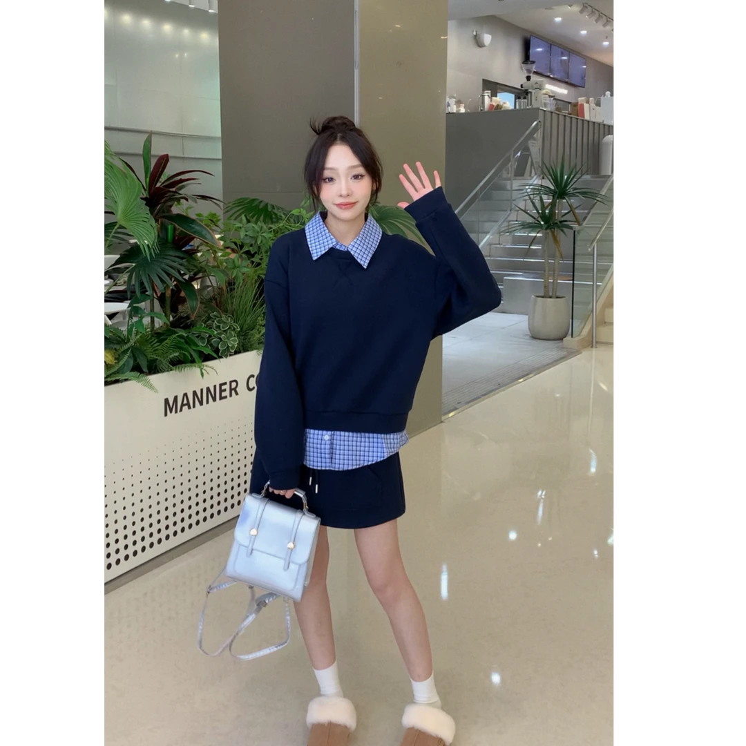 【原淳】秋季新款2024年气质休闲宽松格子拼接学院风套装女 8917