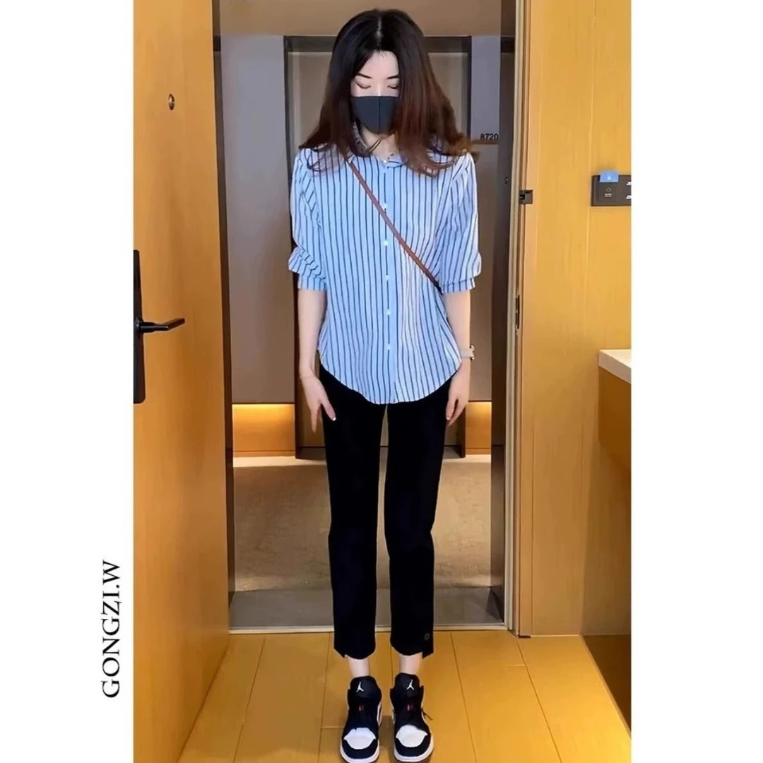 轻熟风套装女装港味衬衣气质百搭条纹衬衫设计感九分休闲裤两件套