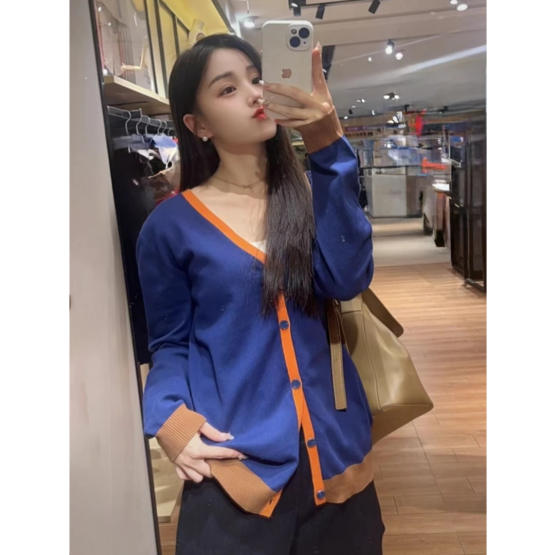 B3OB66713#2撞色长袖针织开衫秋冬新款软糯慵懒风毛衣上衣外套