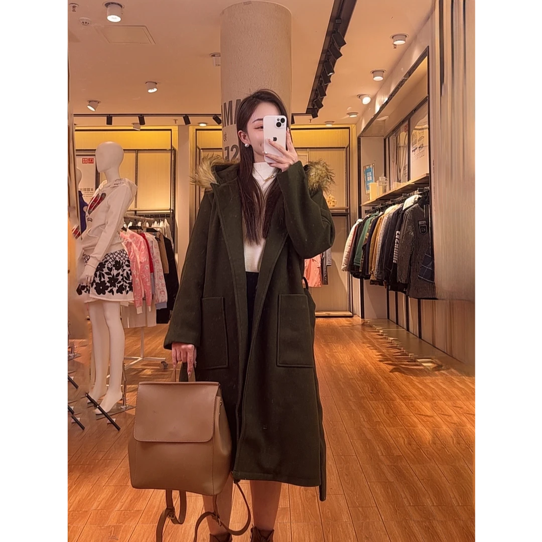 K7WBN192#赫本风连帽毛领毛呢外套女中长款秋冬高级感大衣