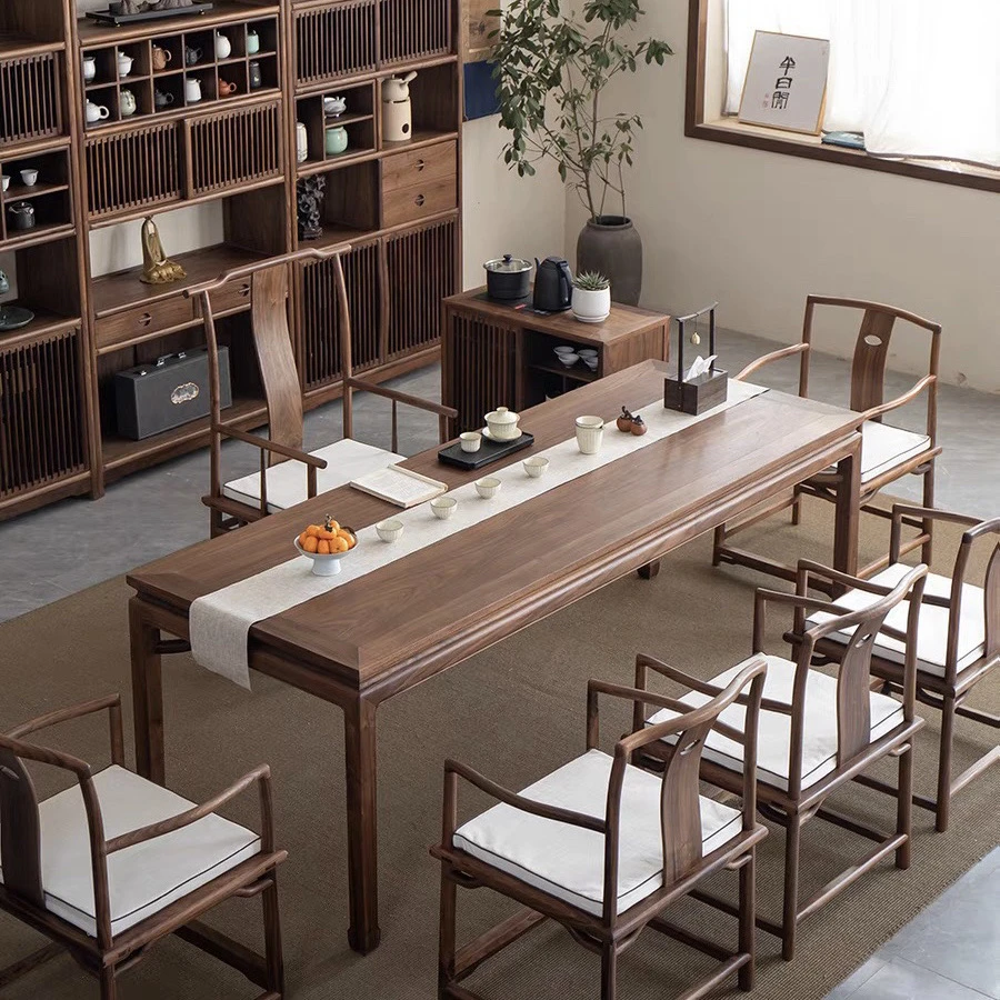马蹄桌实木茶桌禅意茶桌椅胡桃色茶艺老榆木茶台桌新中式茶桌家用