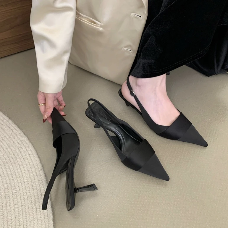 2024春夏新款法式气质浅口高跟鞋女粉色百搭缎面小众细跟尖头单鞋