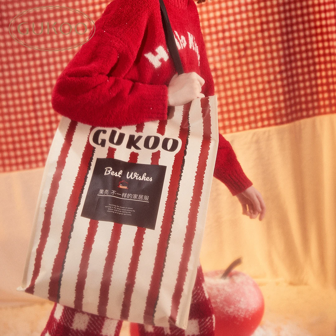 Gukoo/果壳新年红条纹收纳袋新款圣诞大容量包装礼品袋
