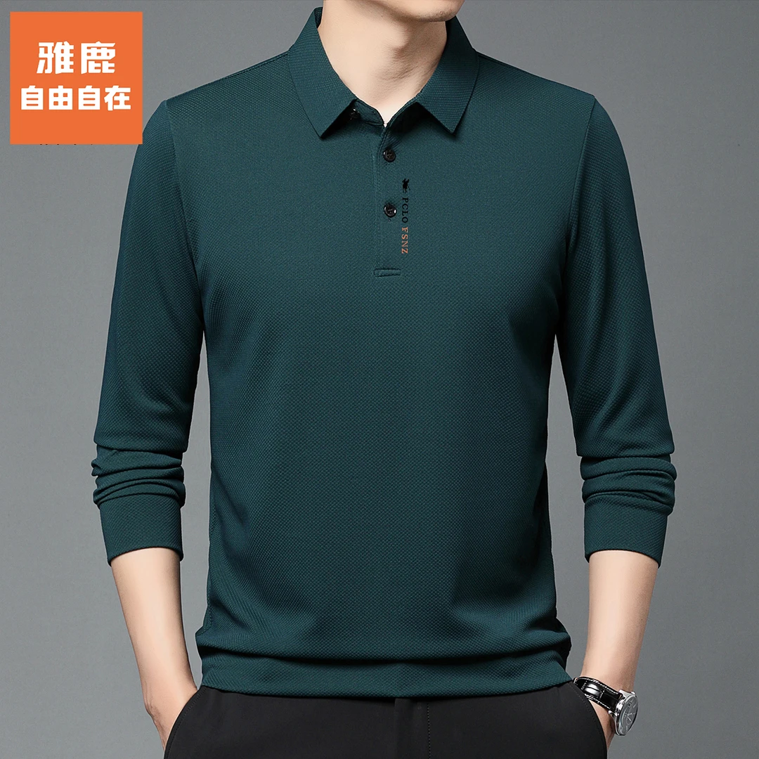 雅鹿•自由自在长袖t恤男菠萝格翻领polo衫男装商务休闲宽松打底衫
