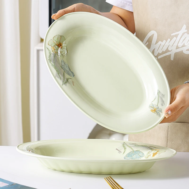句途2个12英寸爱莲说雅枫绿鱼盘陶瓷餐具家用饭盘菜盘子加厚陶瓷