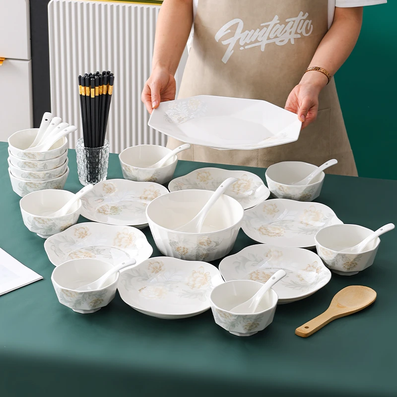 句途40件清雅名媛碗盘套装家用米饭碗面碗菜盘子饭盘餐具套装