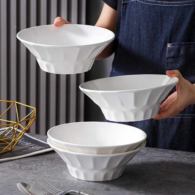 【句途】4只8英寸白色钻石斗笠碗汤碗拉面碗饭碗白色釉下彩家用餐具