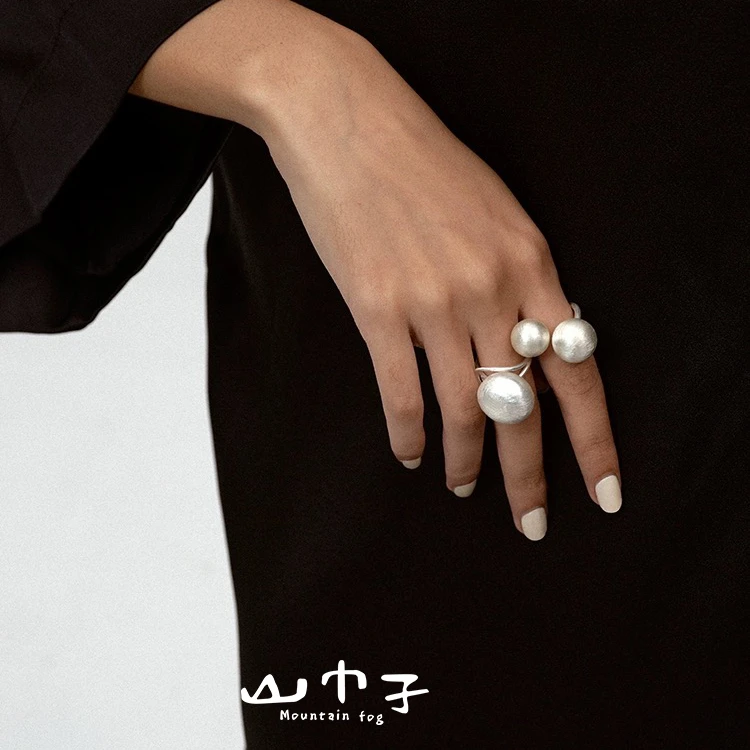 足银戒指 【山巾子.浮云雪】双球拉丝手工肌理感S990银戒指   332