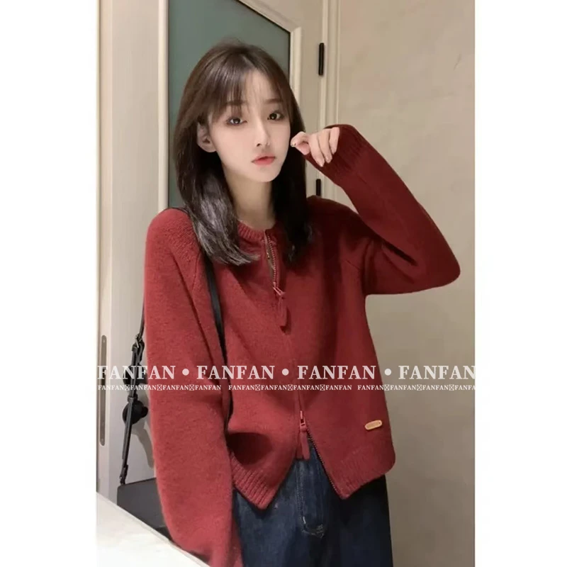 【安可拉红双拉链】加厚韩版圆领针织开衫毛衣女厚外套FFQ5046