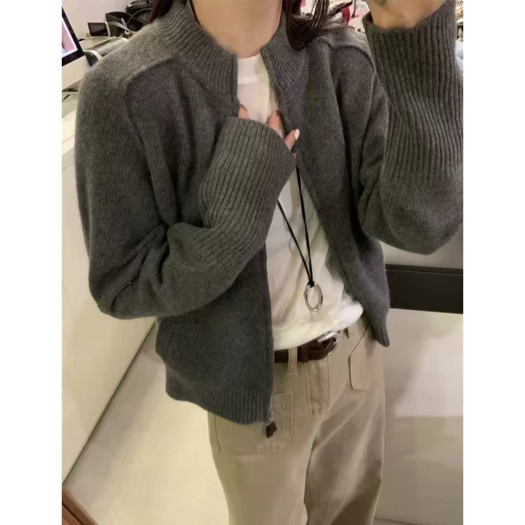 【马蹄肩拉链口袋衫】加厚小个子基础百搭深灰针织开衫女FFL1009