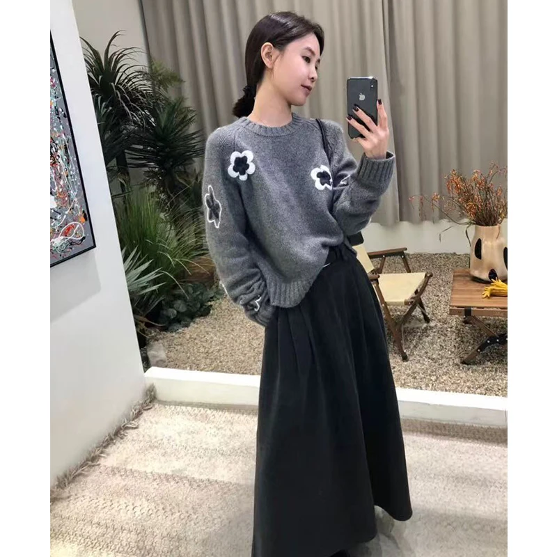 【立体大花刺绣】网红时尚慵懒风宽松深灰毛衣女冬季新款