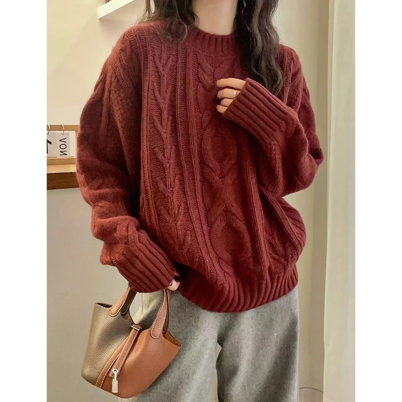 【胸口大麻花】加厚慵懒风宽松时尚复古红针织毛衣女FFK6042