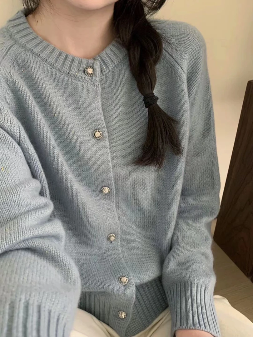 【浅蓝插肩钻扣开衫】时尚圆领韩版百搭秋冬纯色针织开衫女毛衣外套