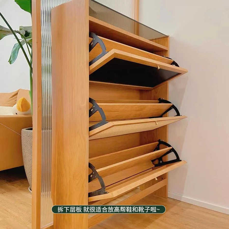 藤编实木玄关柜翻门鞋柜日式复古收纳门厅隔断柜大容量超薄柜子