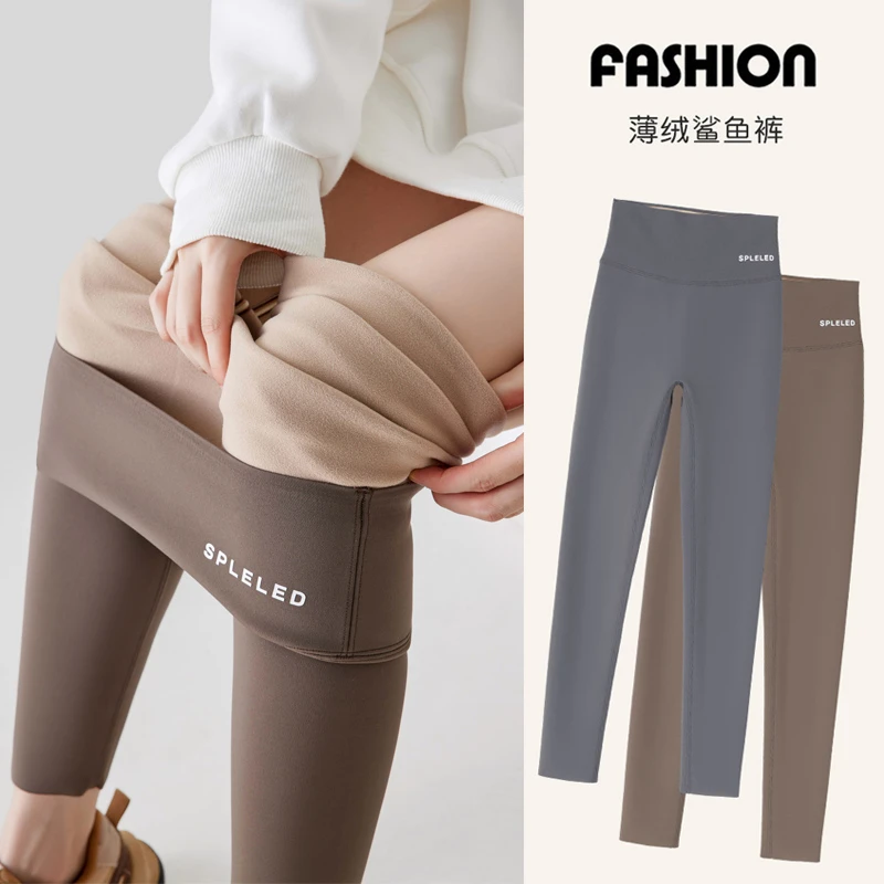 加绒羊陀绒瑜伽鲨鱼裤女秋冬季高腰加厚打底保暖裤无尴尬线芭比裤