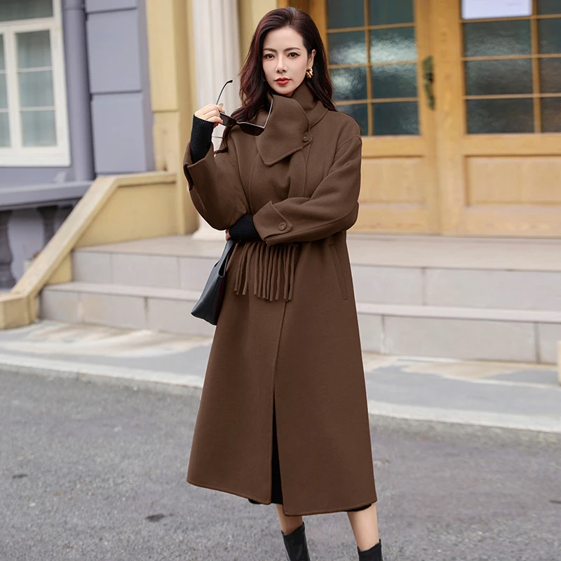 高端赫本风双面羊绒大衣女款2025新款秋冬装围巾款毛呢外套中长款