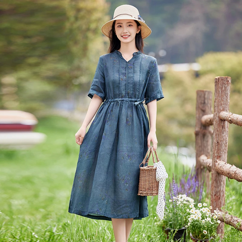高端苎麻碎花连衣裙2025新款女夏季气质收腰显瘦棉麻复古裙子薄款