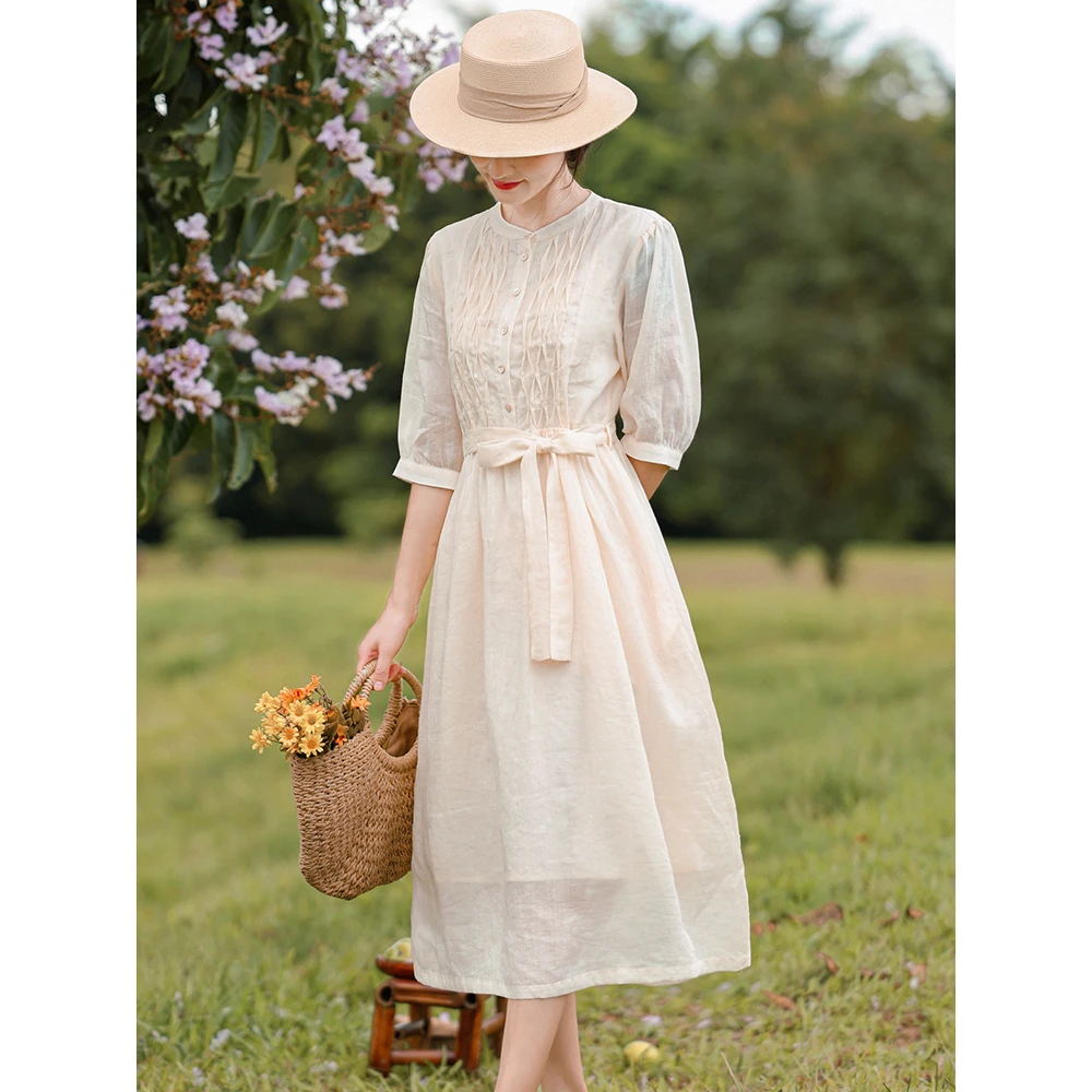 纯苎麻连衣裙女高端春装2025新款洋气减龄文艺复古棉麻裙子夏