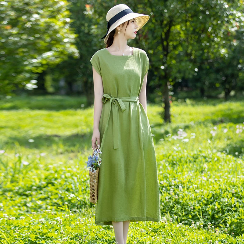 高端纯亚麻连衣裙2025新款女装收腰显瘦棉麻无袖背心裙子夏季薄款