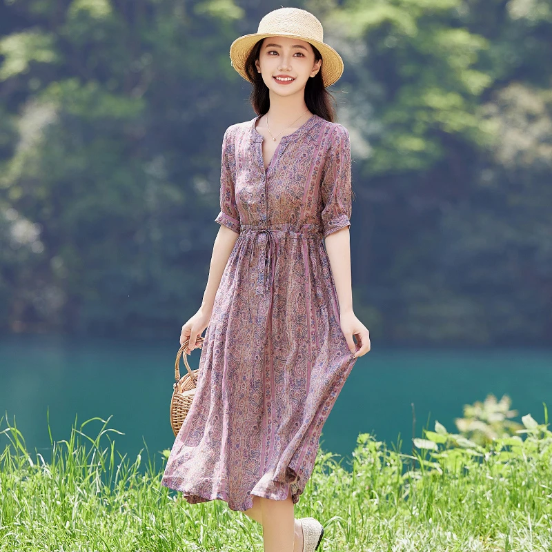 高端苎麻碎花连衣裙2025新款女夏天薄款气质文艺复古棉麻显瘦裙子