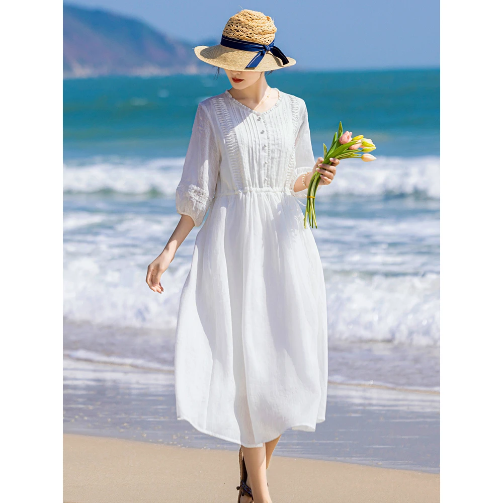 高端苎麻白色连衣裙女2025新款夏季气质文艺复古棉麻显瘦裙子