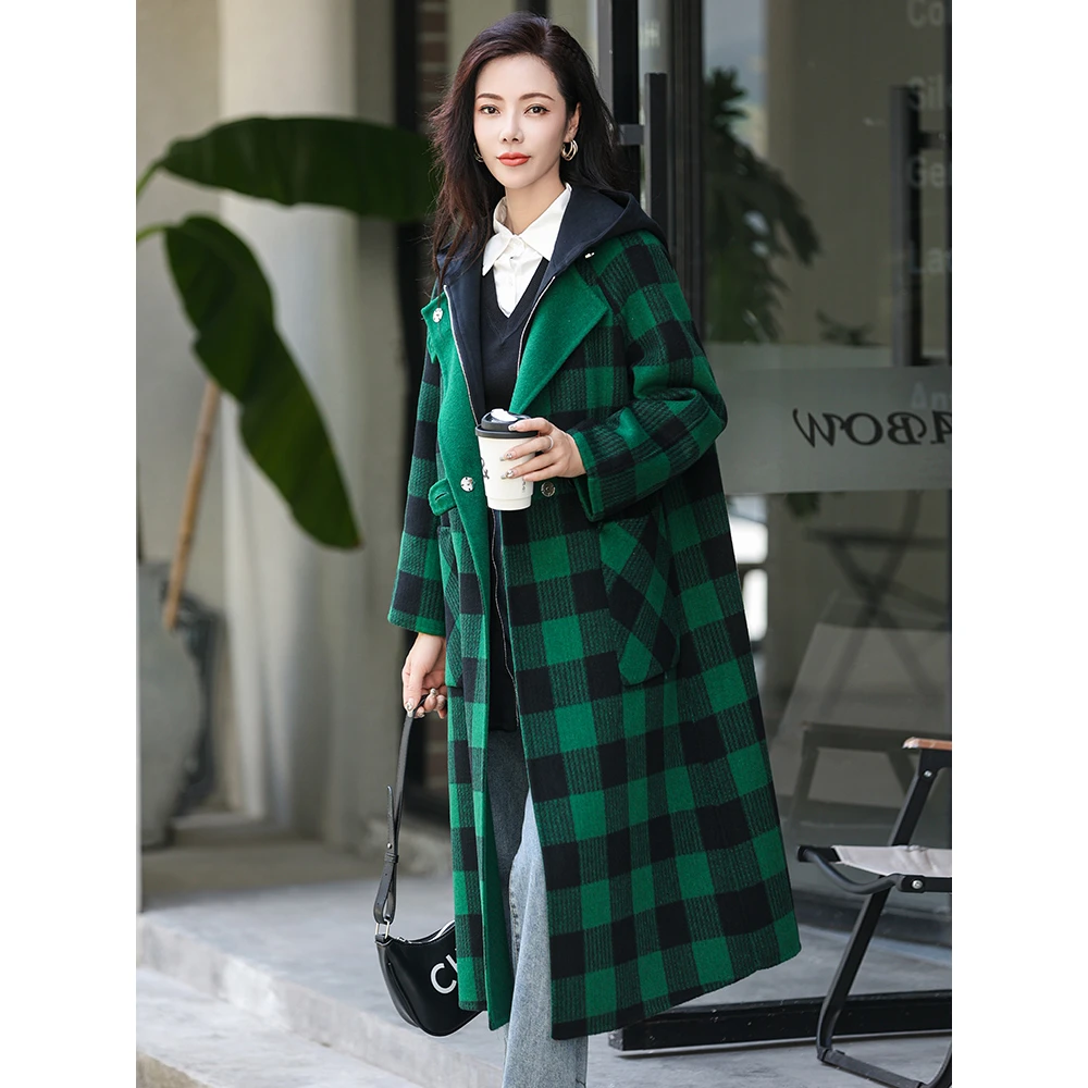 连帽假两件双面羊毛大衣女中长款2025新款秋冬装格子纯羊毛呢外套