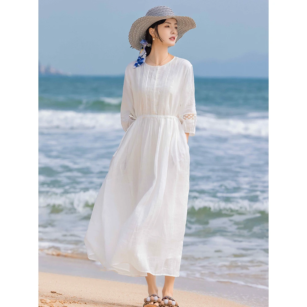 高端苎麻白色连衣裙大码女装2025年新款春夏胖mm遮肉显瘦棉麻长裙