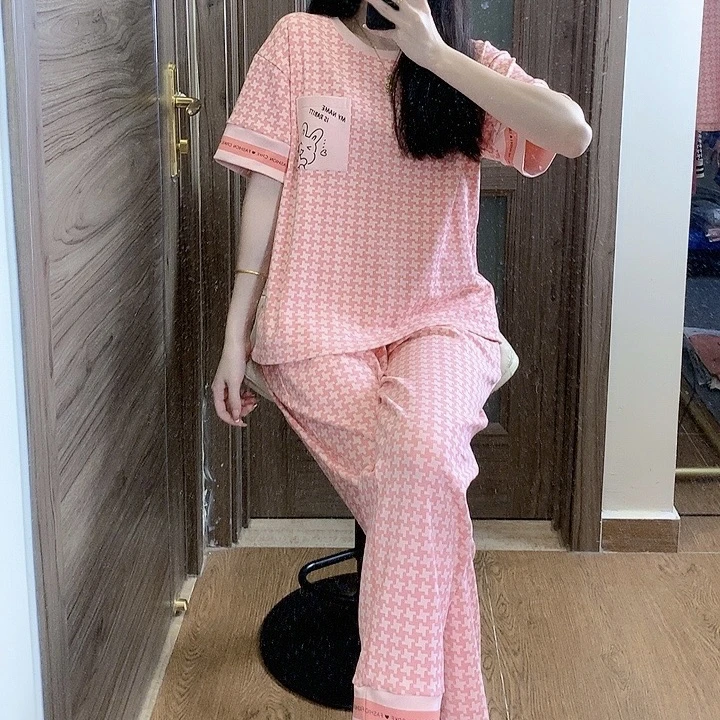 夏季新款女士「粉色兔子短袖长裤」家居服套装 8861