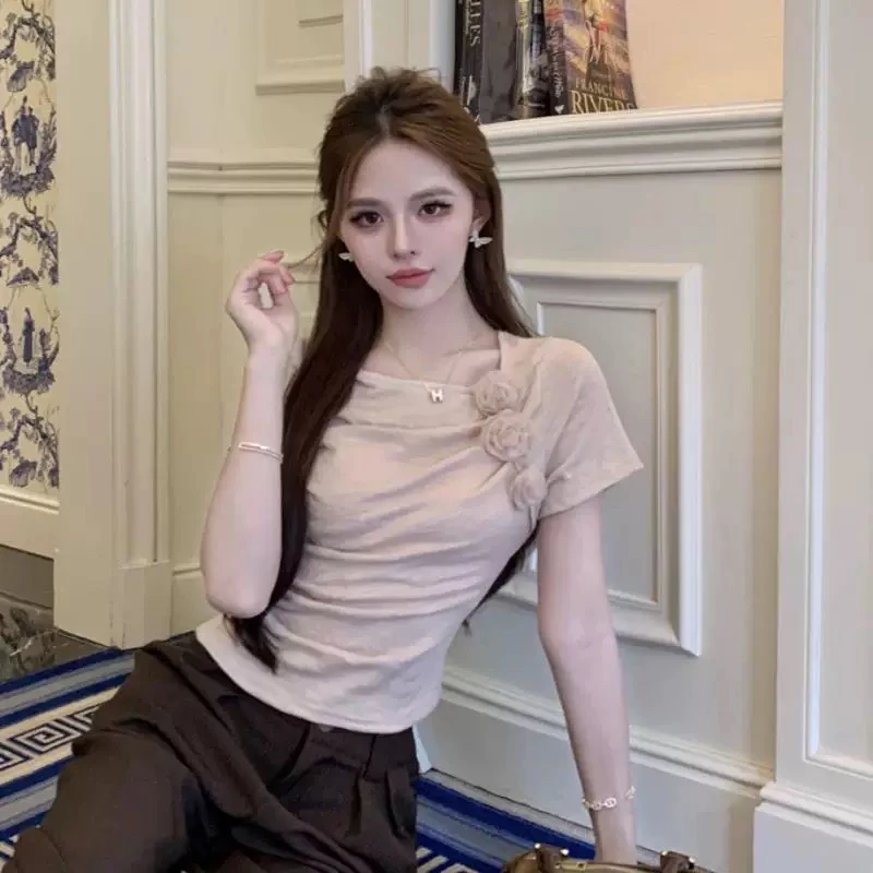 纯欲法式褶皱立体玫瑰短袖T恤女收腰显瘦小众短款辣妹上衣insA129