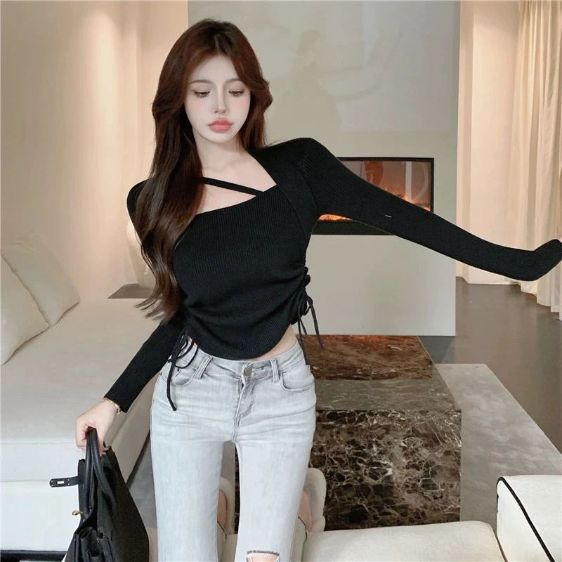 秋冬季洋气内搭长袖打底针织衫上衣设计感小众短款别致独特A155