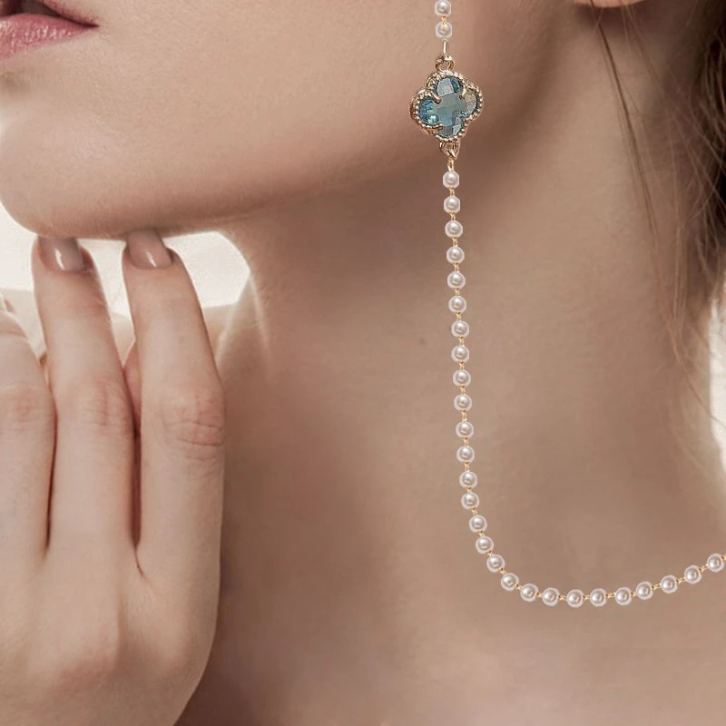 时尚眼镜链女挂脖珍珠四叶草口罩链耳机防丢蓝色潮高端墨镜链链子