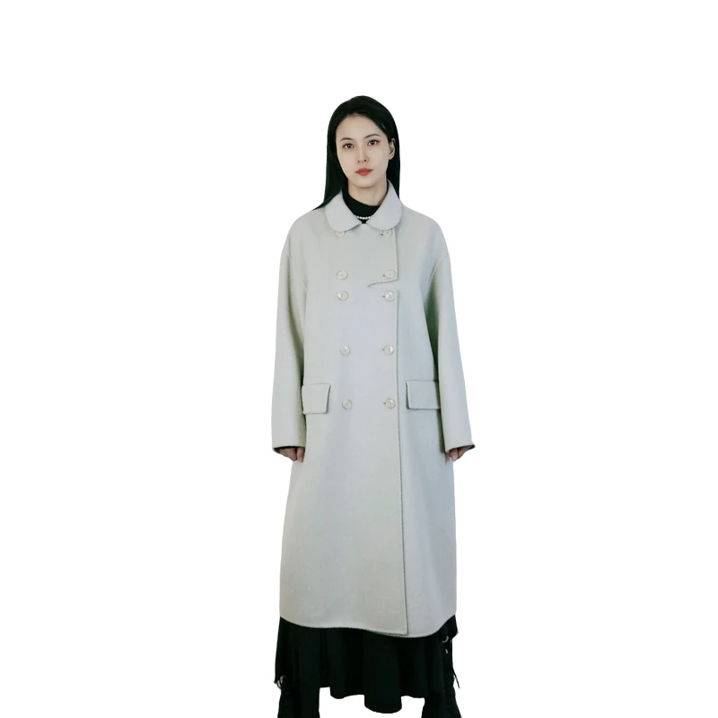 [相相精选]新款设计感气质时尚双排扣翻领长款羊驼毛大衣