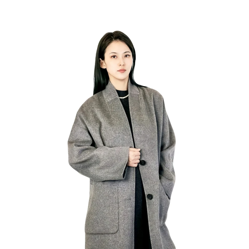 [相相精选]深灰色大口袋双扣羊毛大衣外套