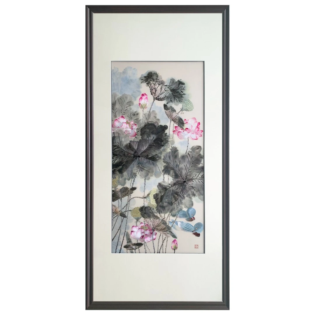 纯手工苏绣挂画 水墨荷花玄关走廊装饰画