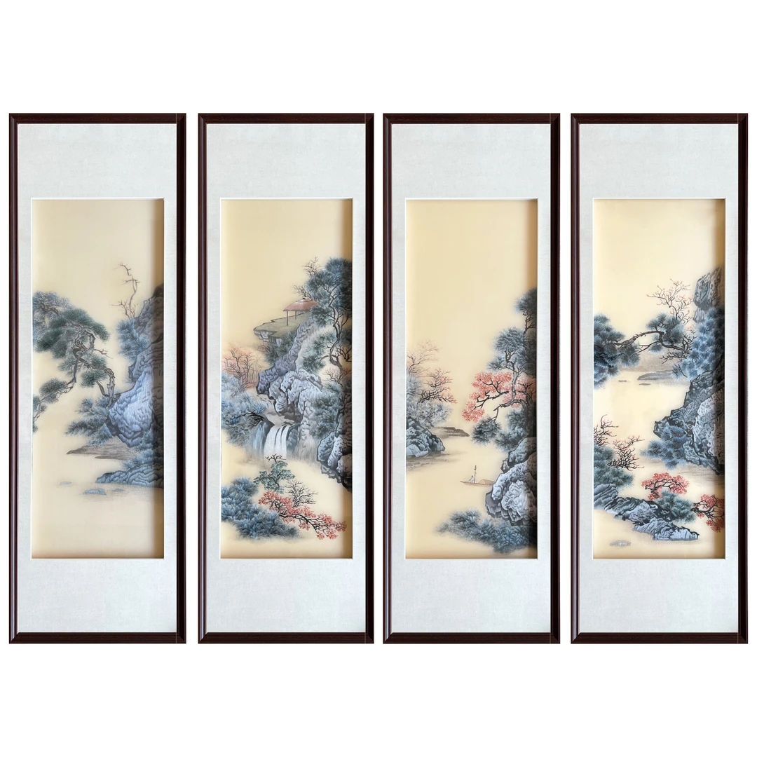纯手工刺绣苏绣山水四联挂画沙发背景装饰画针绣蚕丝中式